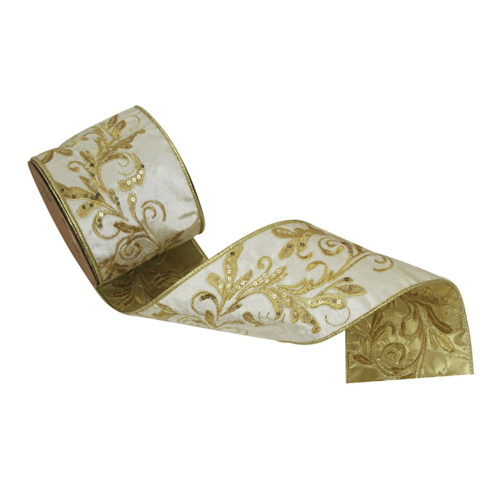 Ivory Velvet Ribbon with Champagne Embroidery and Wire Edging