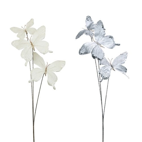 Stem with 3 Butterflies - Silver & White - set of 2