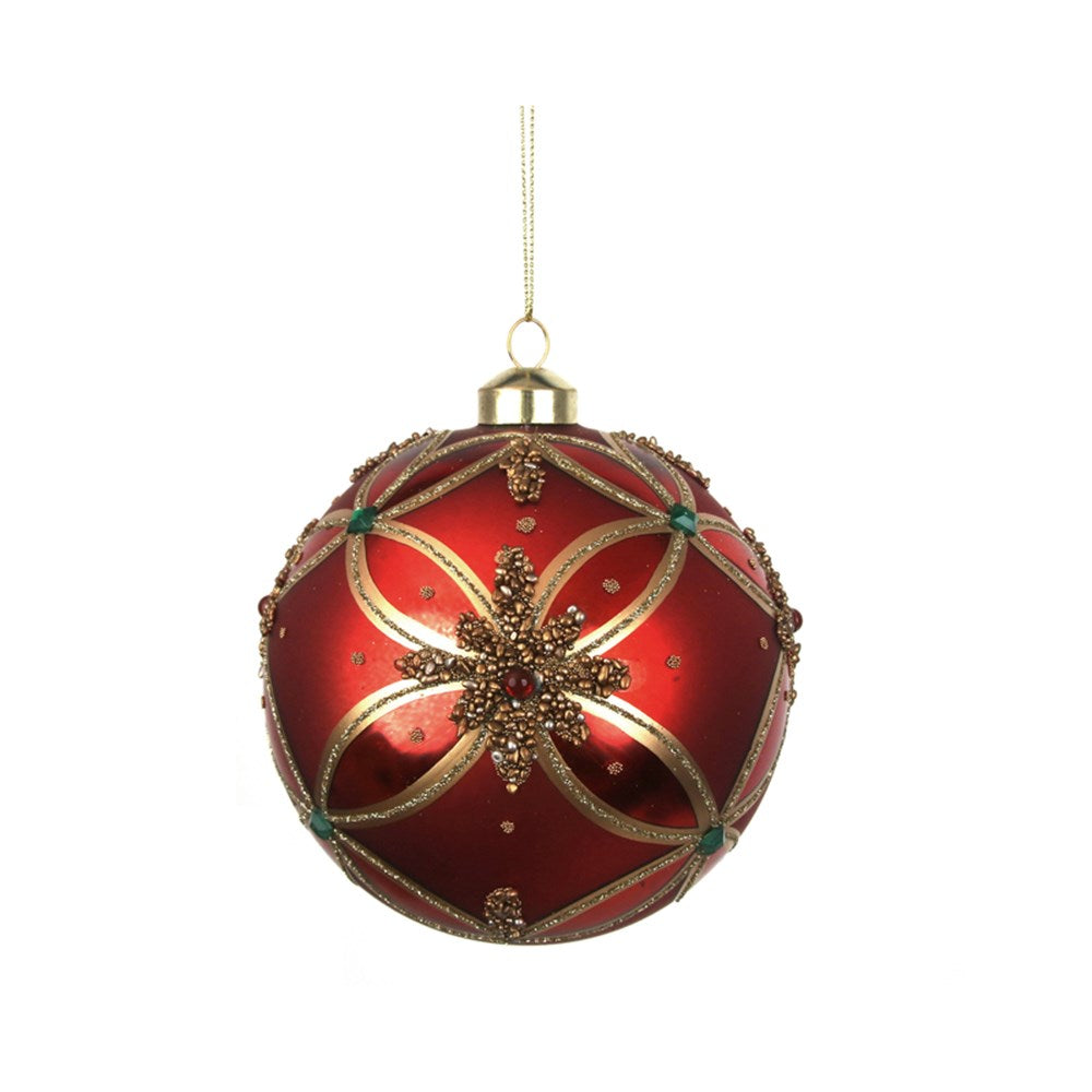 Red Glass Bauble with Gold Handpainted Details and Beads