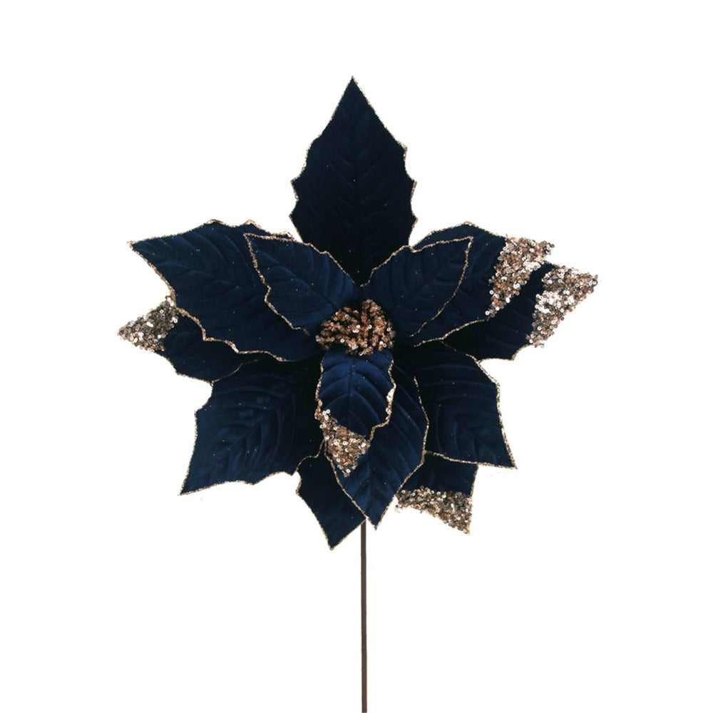 Navy Blue Velvet Poinsettia Flower Stem with Glitter Details