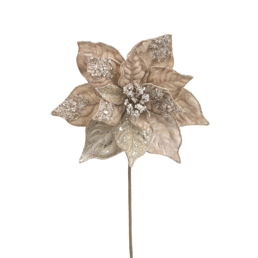 Champagne Velvet Poinsettia with Beads and Glitter on a Stem
