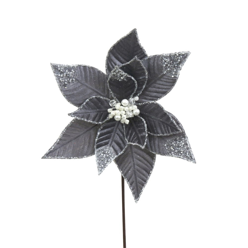 Midnight Grey Velvet Poinsettia Flower with Glitter Details