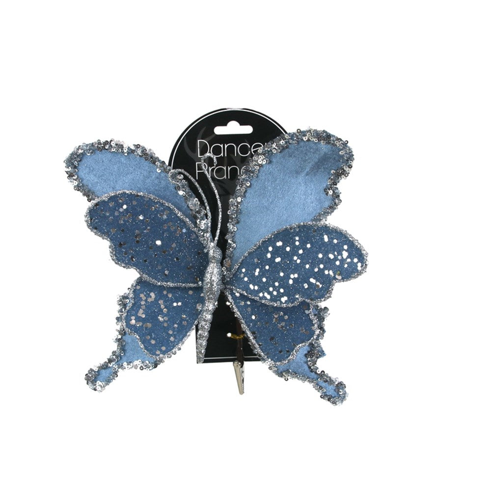 Blue Denum Velvet Butterfly with Glitter Details and Clip