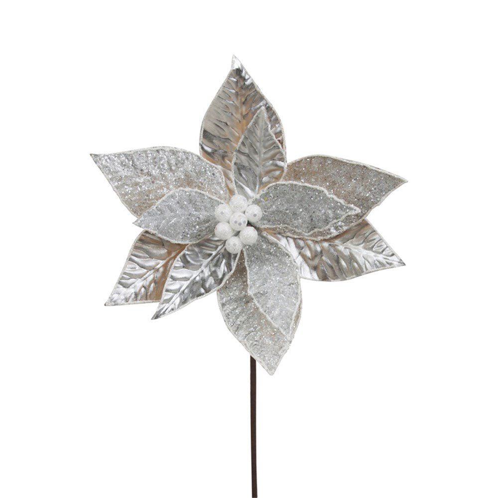 Silver Poinsettia Flower Stem with White Detail