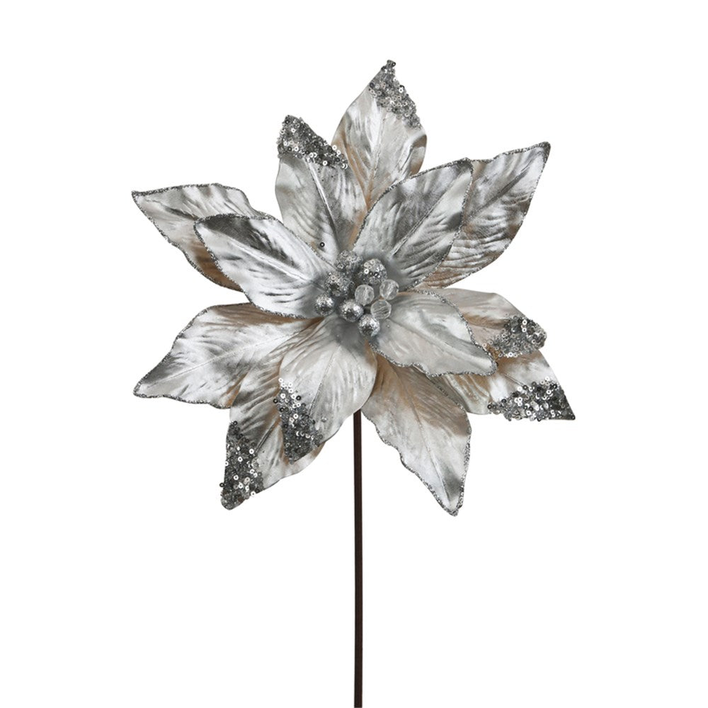 Silver Poinsettia Flower Stem with Jeweled Centre