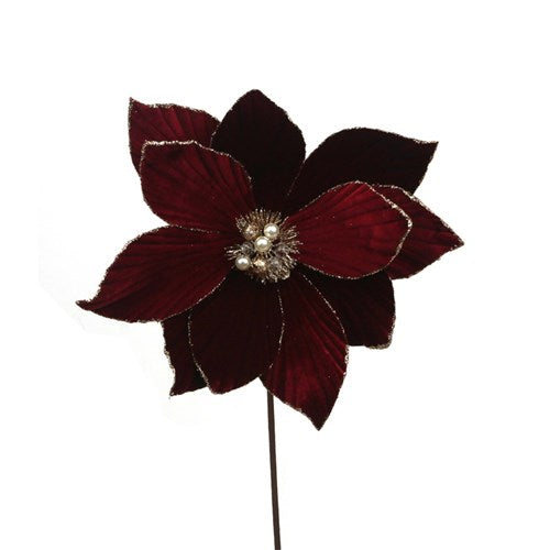 Burgundy Poinsettia Stem with Glitter
