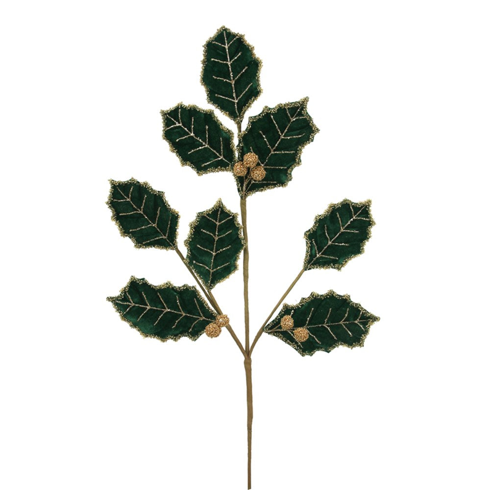 Emerald Green Velvet Holly Stem with Gold Details