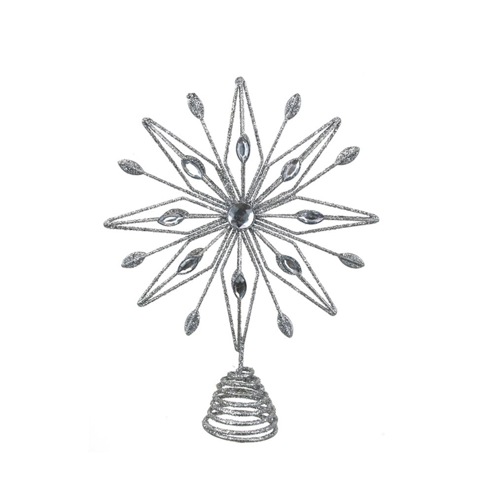 Silver Glitter Starburst Tree Topper with Acrylic Jewels