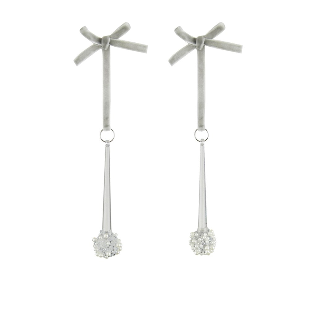 Silver Crystal Acrylic Icicle Drop with Velvet Bow - set of 2