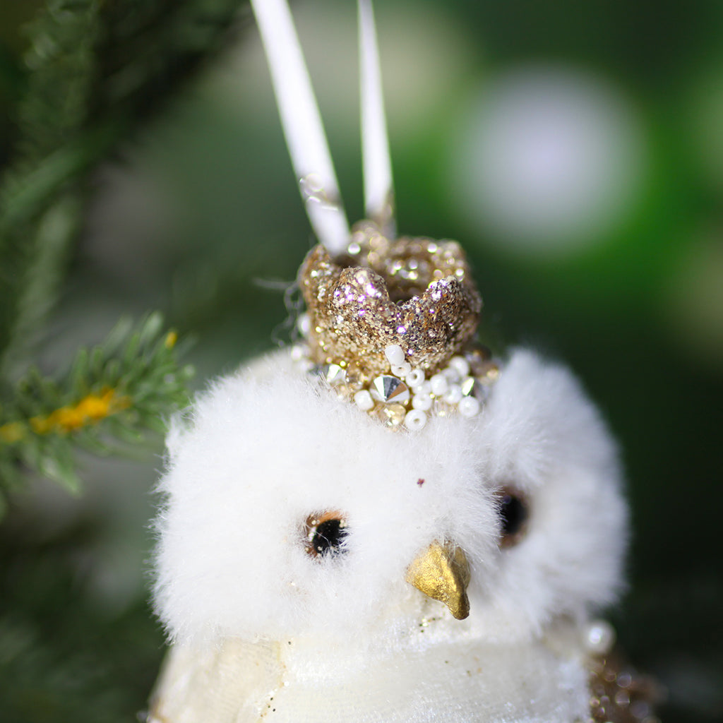 White Owl with Crown Hanging Ornament 10cm