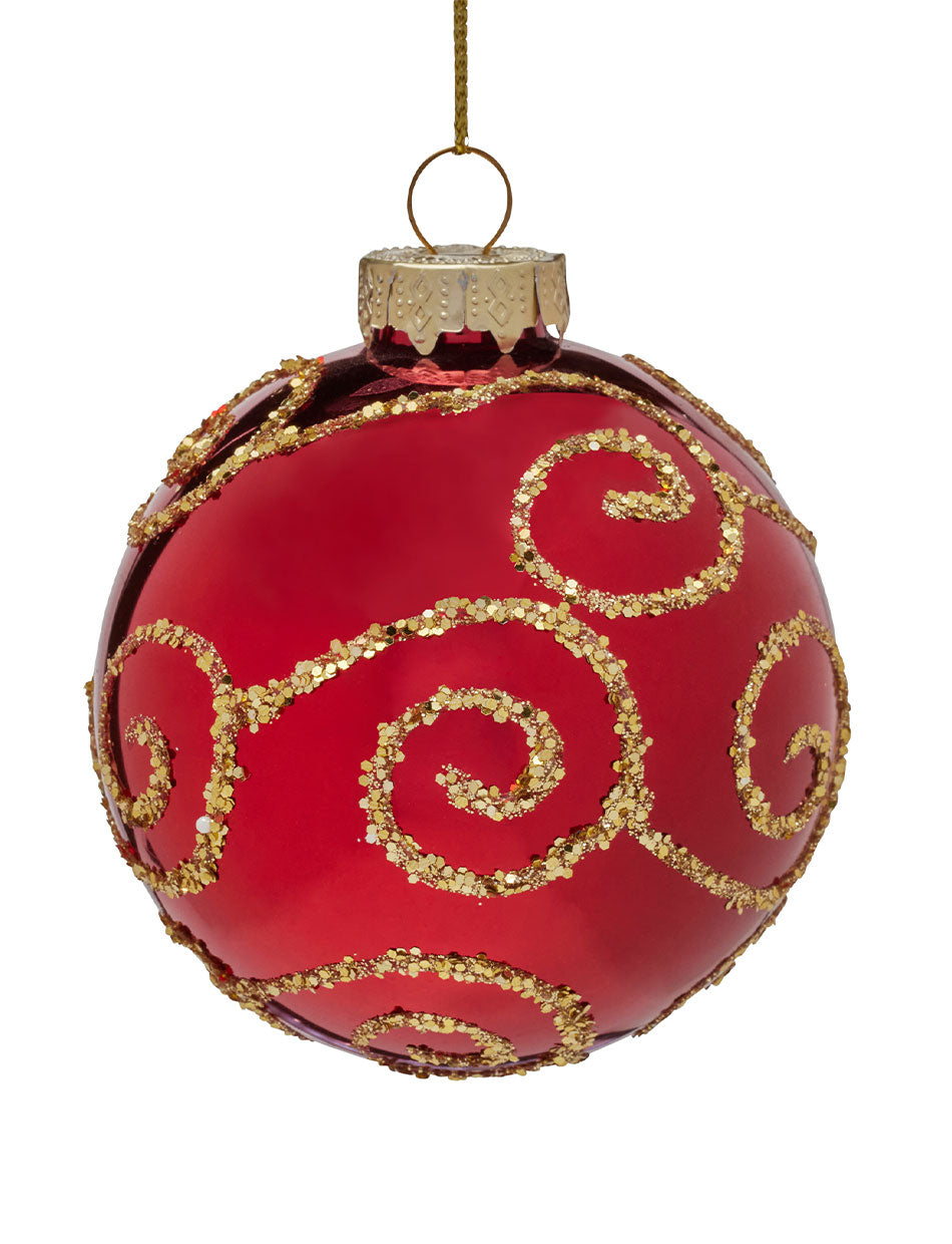 Red glass bauble with gold details 80mm