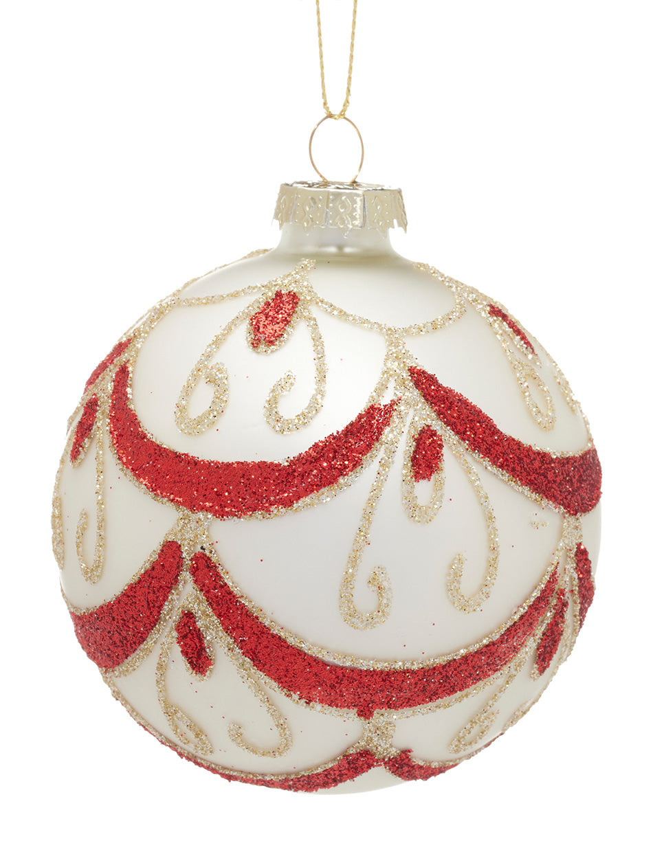 White glass bauble with red details 80mm