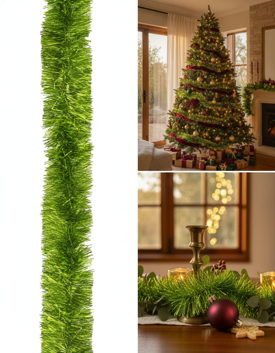 100m APPLE GREEN Christmas Tinsel 100mm wide