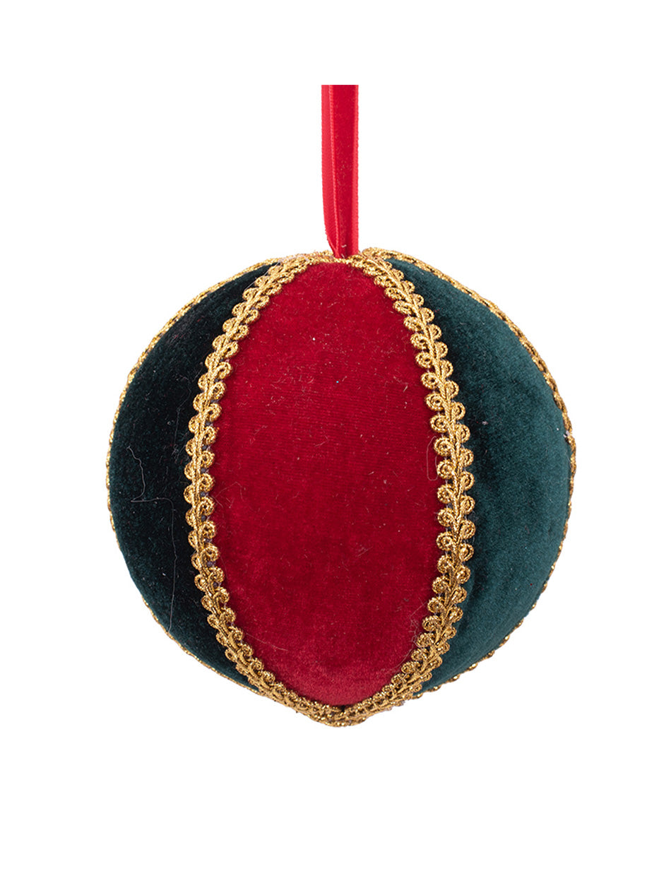 Harlequin Bauble 13cm Emerald Green and Red Velvet with Gold Trim