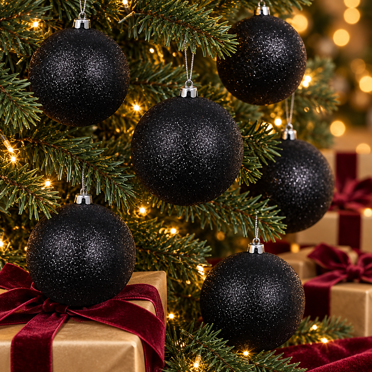Black Christmas Baubles 80mm Glitter Packs