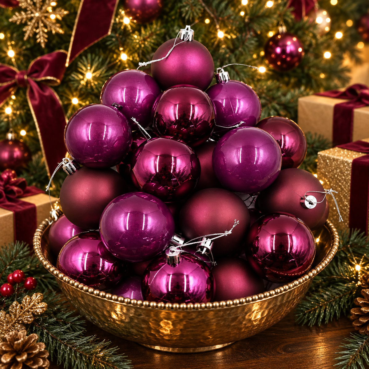BURGUNDY Christmas Baubles 80mm Gloss Pearl Matt 24 Pack