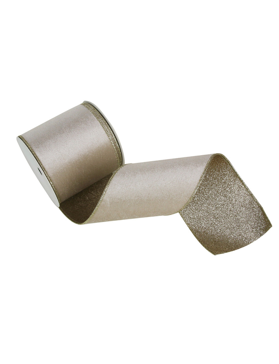 Champagne Velour Ribbon with Champagne Glitter and Wire Edging