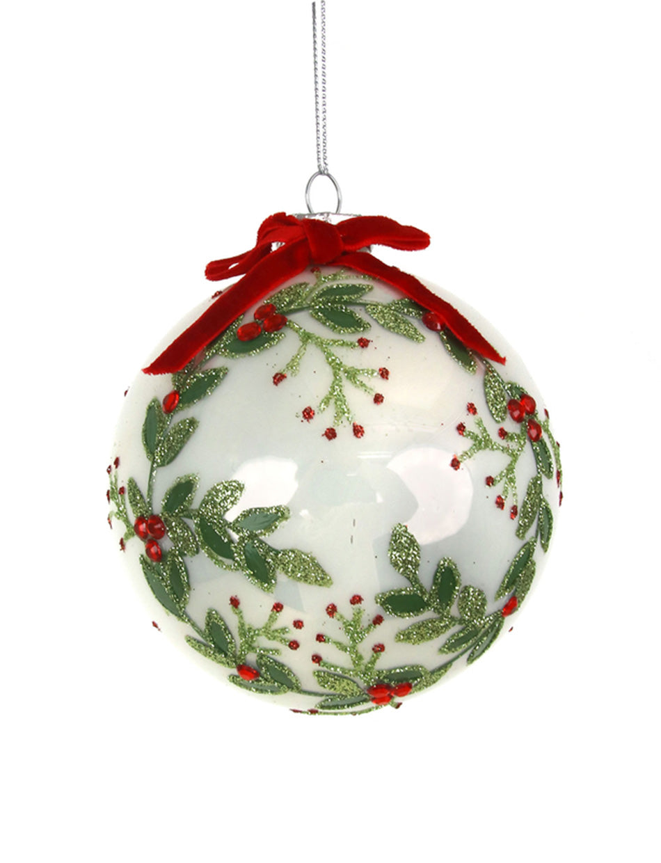 White Pearl with Holly Detail Glass Bauble 100mm