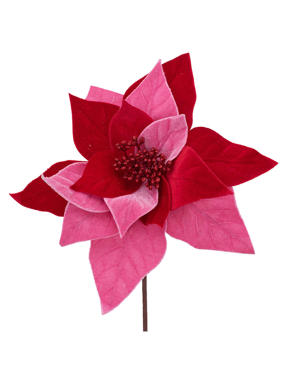 Candy Pink and Red Velour Poinsettia Flower Pick 27cm