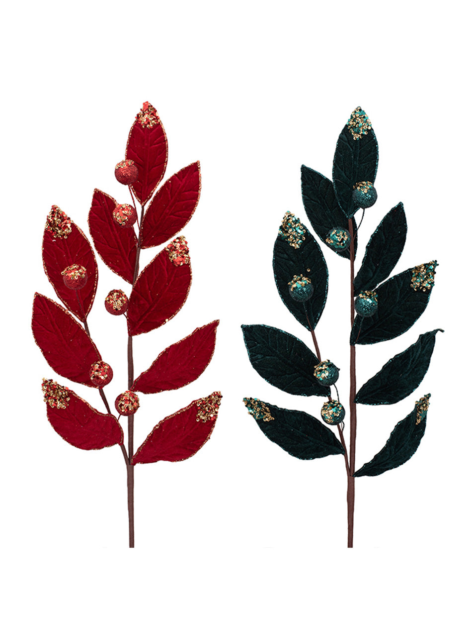 Red and Emerald Green Velour Leaf Stem 68cm set of two