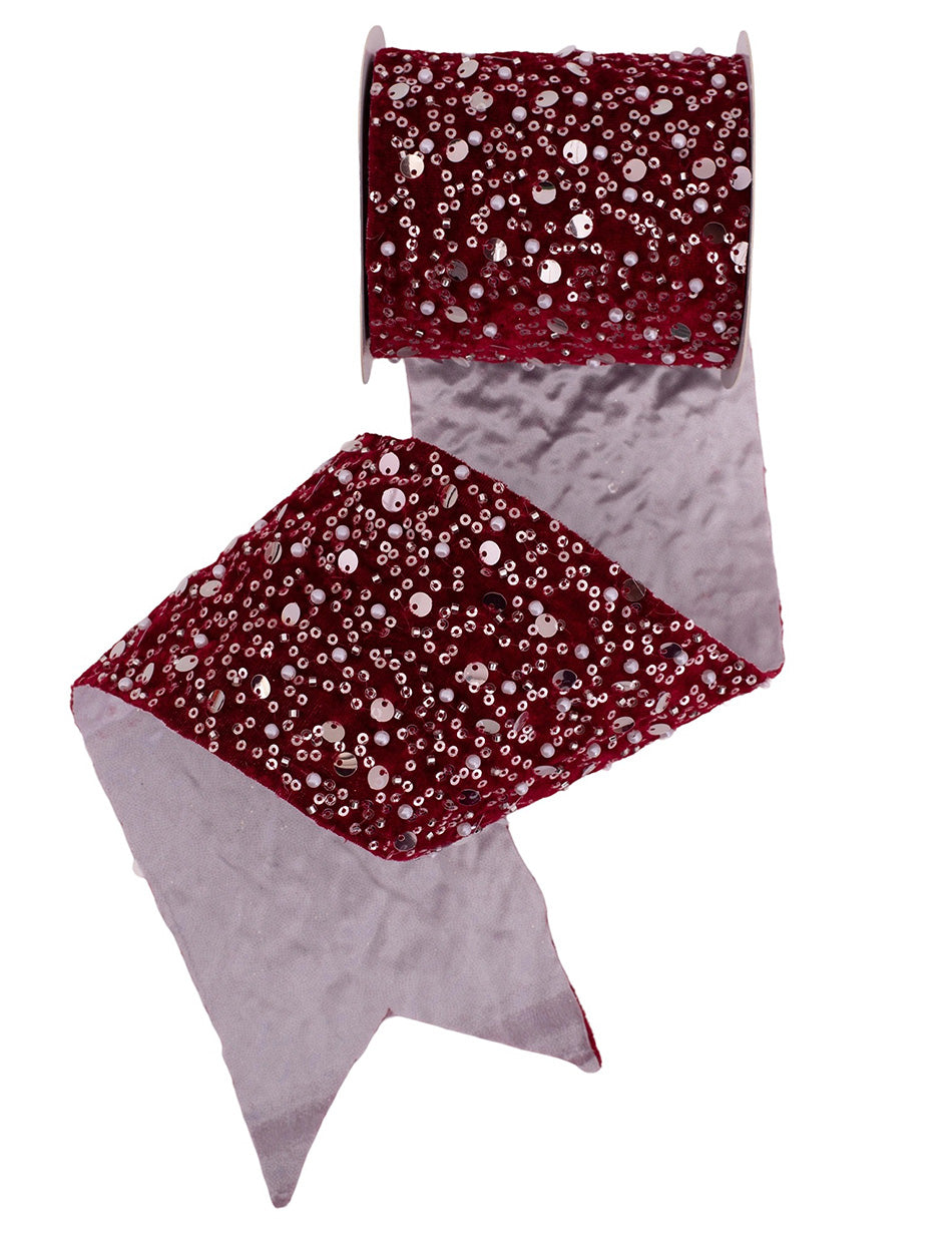 Burgundy Velour Ribbon with Crystal Bead Detailing and Wire Edging