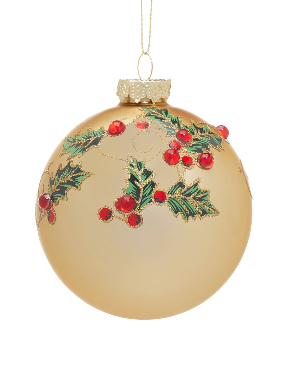 Gold Glass 80mm Bauble with Holly Decoration